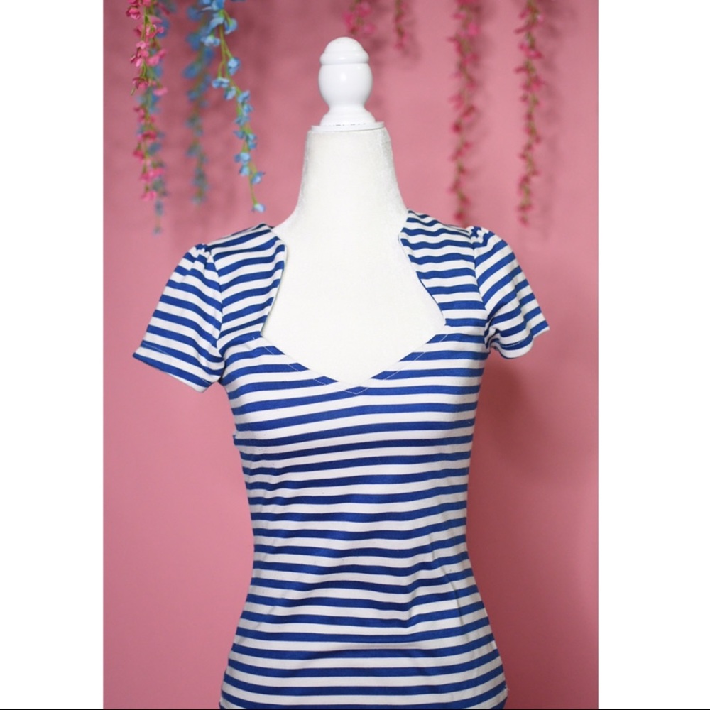 Navy and White Sweetheart Neck Striped Top